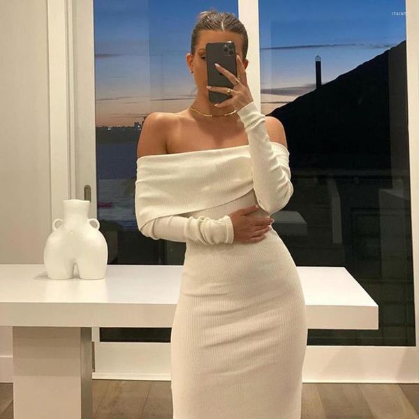 Повседневные платья Zoctuo элегантные от плеча bodycon long midi платье белые женщины для вечеринки наряды с полным рукавом карандаш сексуальная клубная одежда