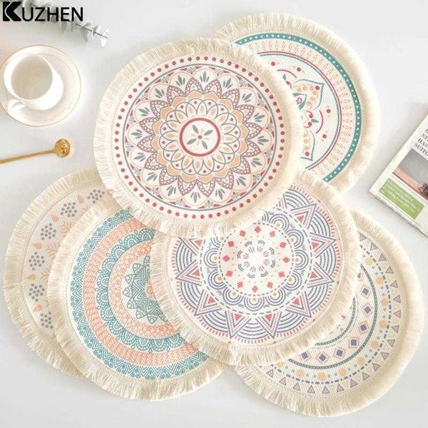 Matten Pads Böhmische runde Tischsets Einfache handgewebte Jute-Tischsets Untersetzer Vintage-Baumwollleinenmatten Vasenmatten Küchenzubehör Z0502