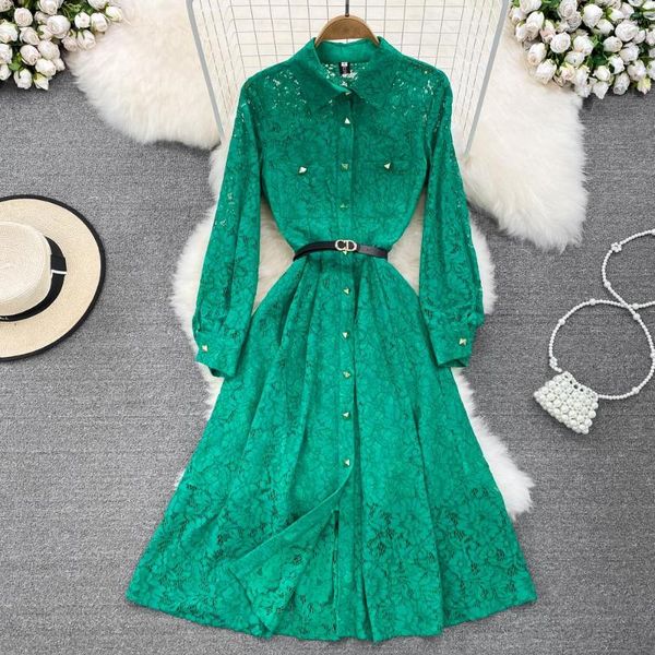Vestidos casuais moda manga longa lapela esbelta o vestido de renda na cintura verde slim single bastest a-line elegante noite