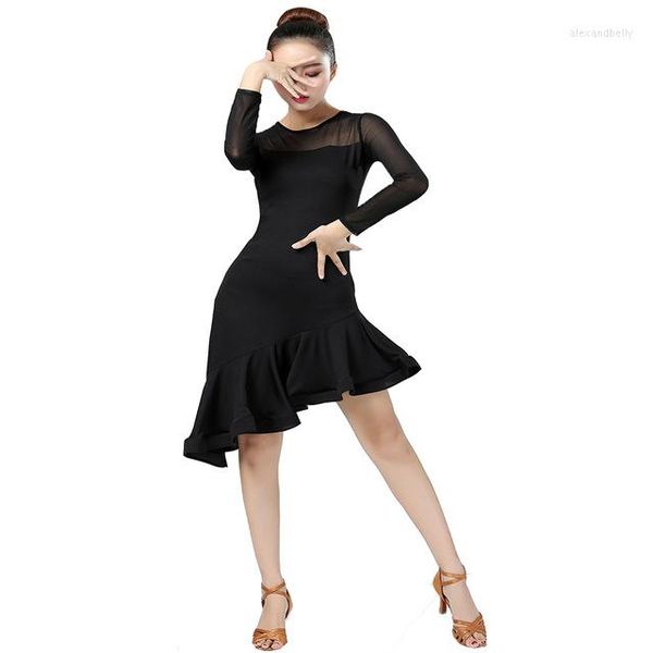 Stage Wear Black Latin Dance Rock Woman Practice Latino Dress 2023 Performance Langarmkleider