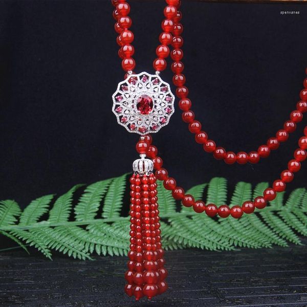 Correntes Luxurro Colar de Tassel de ágata vermelho natural 18K Colher de cristal de flores artesanais para mulheres para mulheres jóias de marca