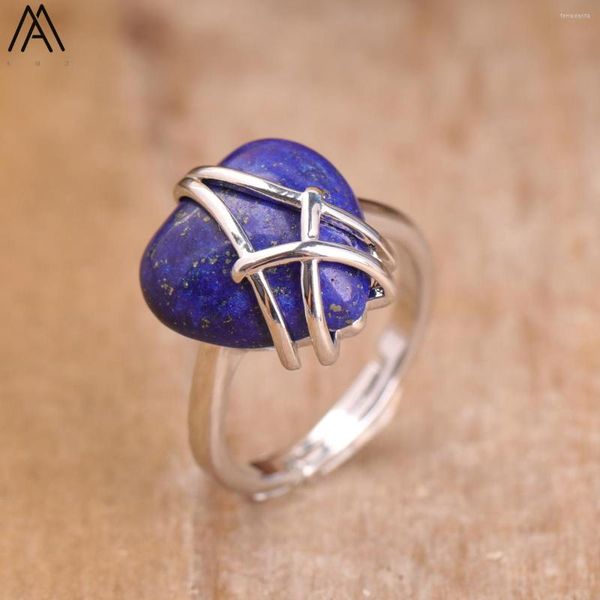 Anéis de casamento Classic Women Heart Lapis Lazuli Wire embrulhado Crystal Gemstone Silver Ring Romantic Loves Jewelry Dropship
