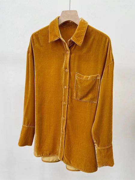 Giacche da donna 2023 Moda donna di alta qualità manica lunga risvolto velluto di seta camicia gialla cappotto sottile 0209