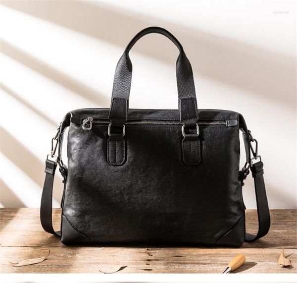 Aktentaschen Einfache Casual Echtes Leder Herren Schwarze Aktentasche Luxus Natürliche Echte Rindsleder Handtasche Frauen Reise Laptop Umhängetasche