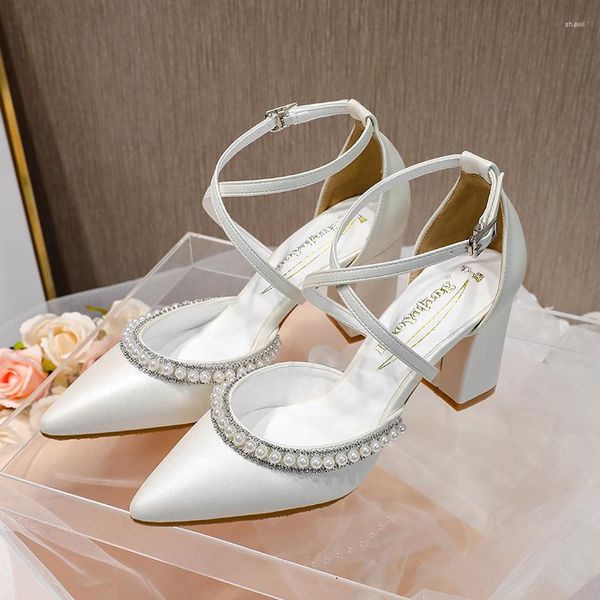 Sandalen BaoYaFang Weiß Braut Hochzeit Schuhe Frau Dicke Ferse Schnalle Kristall Partykleid Hohe Pumps Knöchelriemen Modeschuh