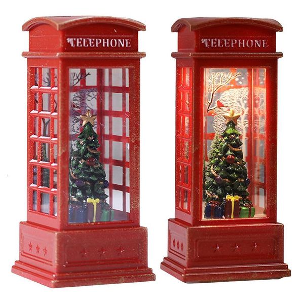 Objetos decorativos Figuras vermelhas vintage Luminous Christmas Phone Booth Lantern Christmas Tree Snowman Snowman Feliz em cabine telefônica de Natal 230503