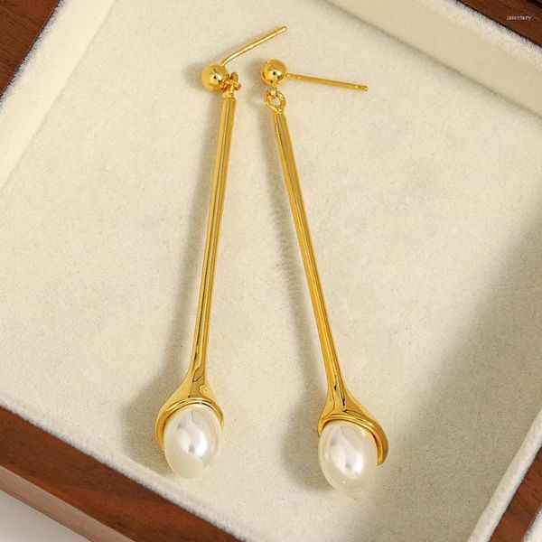 Creolen AENSOA Exquisite Wasserfrische Perle Hängender Langer Tropfen Elegante Goldfarbe Barocke Metallstange Baumelnder Ohrring Für Frauen