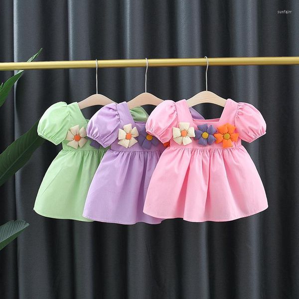 Vestidos de menina verão Flores de meninas de meninas Flores de manga de coloração sólida Festa de aniversário Vestido de princesa de 0 a 4 anos