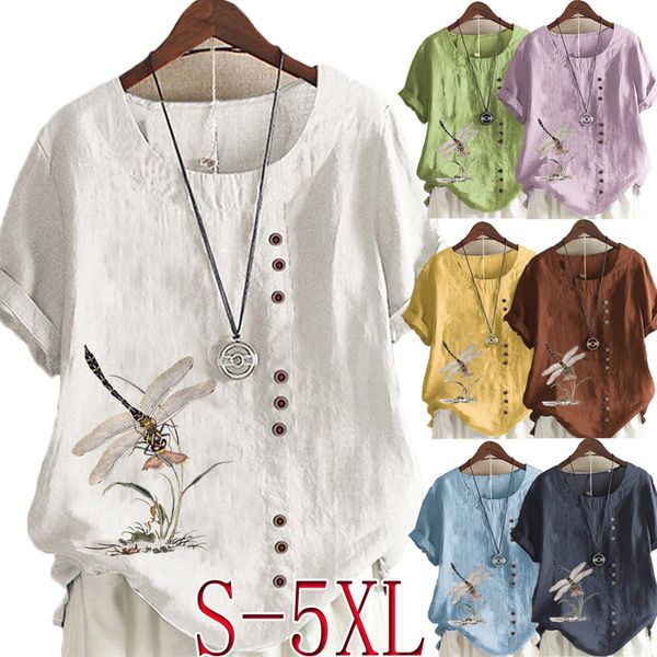 T-shirt feminina verão Casual Dragonfly Imprimir camiseta solta Retro algodão e linho O-pescoço O-gola pl Blus Tamore de mangas curtas S-5XL 230503