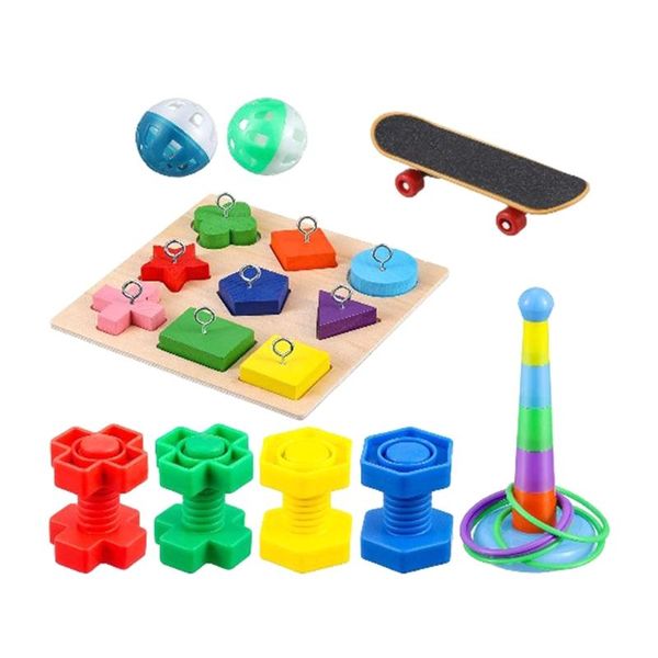 Игрушки 9 шт. набор игрушек для обучения птиц попугай деревянный блок-головоломка игрушка штабелирование цветные кольца игрушки скейтборд гайки болты мяч для ног игрушки собирание пищи