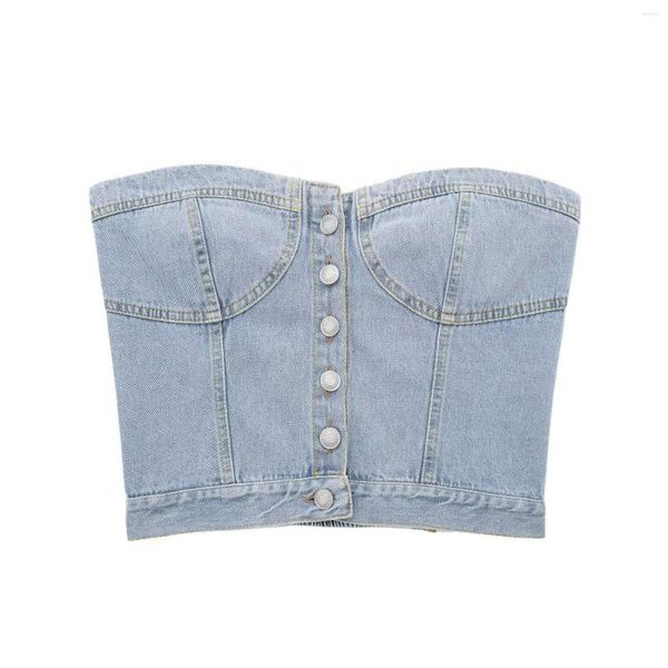 Canotte da donna Donna Denim Croset Button Off The Shoulder Bustier Crop Top