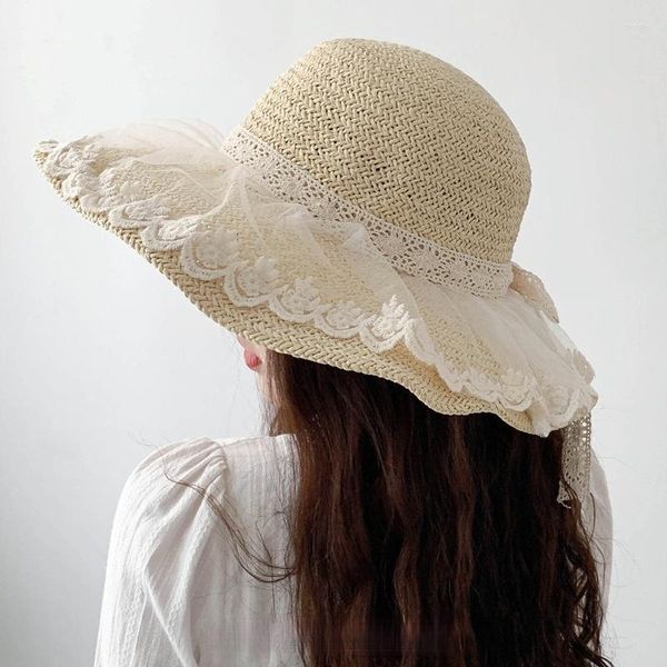 Boinas 2023 Mulheres Panamá Lace Staw Hat Wide Brim Fashion Beach Cap boné feminino Fringe Solid Summer Hats Flowers Sun Anti -uv