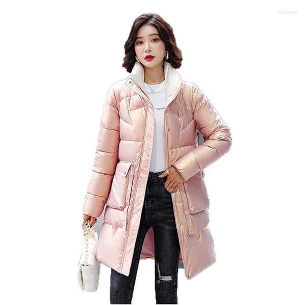 Trincheira feminina Casacos 2023 Inverno grosso quente Longo e lustroso casaco de algodão parkas mulheres brancas rosa preto pão tops jacket n1305