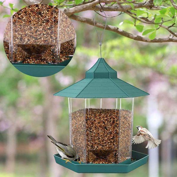 Füttern von Kunststoff-Vogelhäuschen für den Außenbereich, zum Aufhängen, für den Garten, Hof, Dekoration, sechseckiges Vogelhaus mit Dach, wasserdichtes Futterhäuschen für Wildvögel