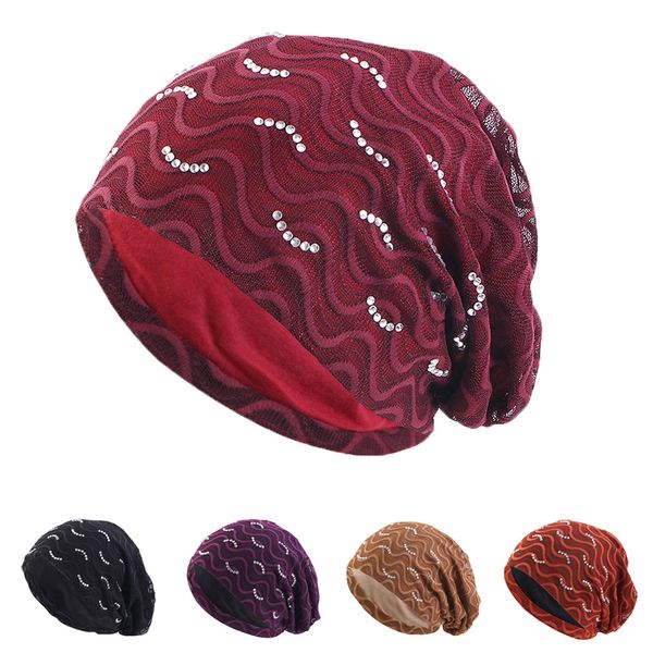 Neue Frauen Perlen Spitze Baggy Skullies Hüte Lässige Baumwolle Slouch Beanie Hut Muslim Turban Chemo Caps Schal Motorhaube Hijab Kopftuch