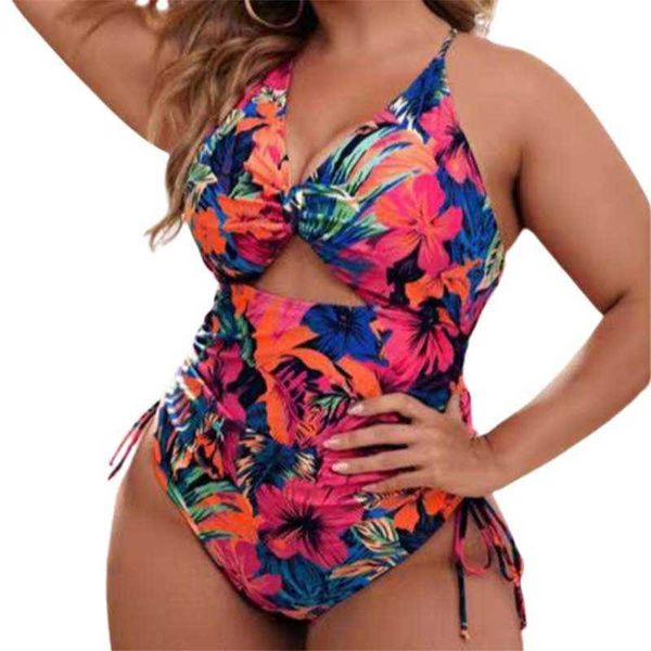 Damen Bademode 2023 Einteilige Fat Lady Large Size Bikini Badeanzug Print Gather Hollowed-Out Tight Swimming Wating Women Beach Bademode Set 4XL P230426