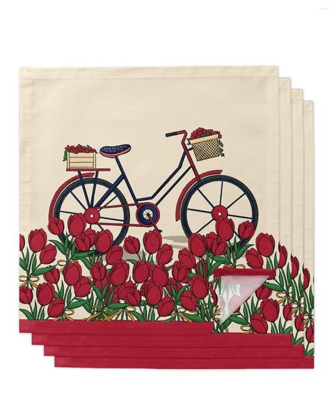 Tischservietten, 4 Stück, Blume, Fahrrad, rote Tulpe, quadratische Servietten, 50 cm, Party, Hochzeit, Dekoration, Stoff, Küche, Abendessen