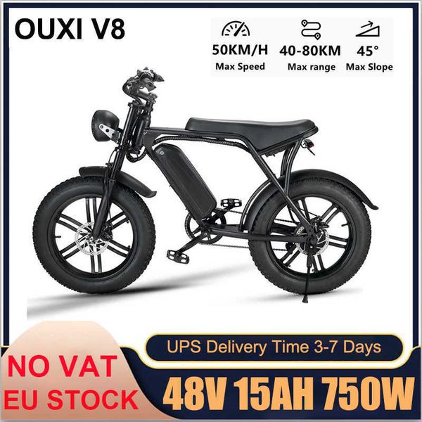 OUXI V8 Bicicleta elétrica 15AH 48V 750W 20 polegadas 4,0 pneu gordo Retro City Electric Bike Battery Batter