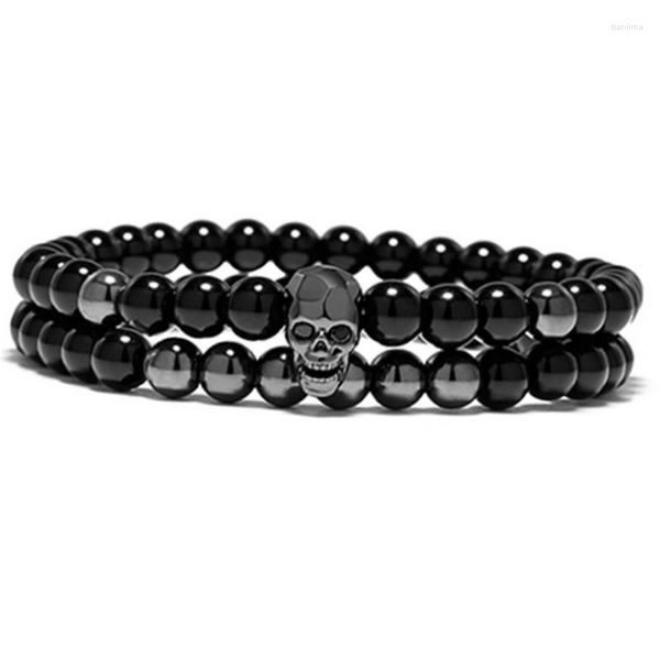 Strang Großhandel Steampunk Metall Lächeln Schädel Armbänder Set Elastische Schwarze Perlen Kette Skelett Männer Sets Männliche Hand Zubehör