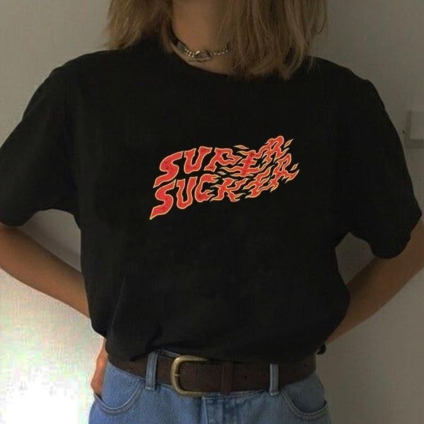 T-Shirts Hahayulejbh 1pcs Siyah Ateş Alev UNISEX SÜPER SUKER Tshirt Hipsters Street Stil Grunge Siyah Kısa Kollu Tutma Gömlek