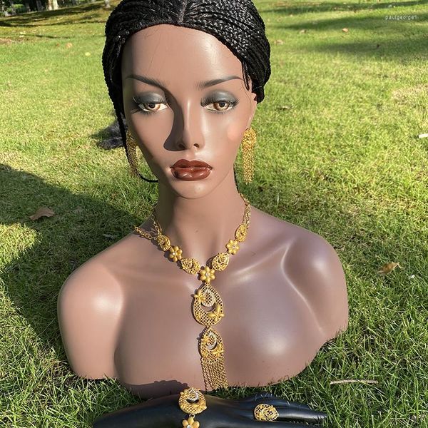 Brincos de colar Conjunto de joalhas de ouro africano dubai para mulheres anéis de noiva gif nigeriano jóias de casamento gif