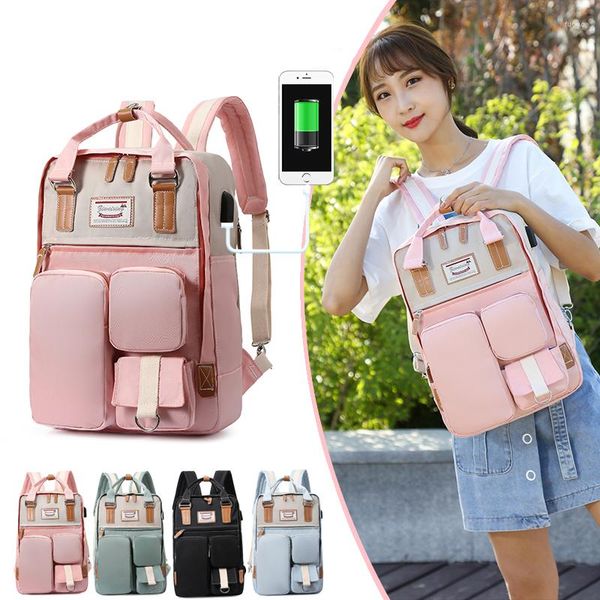 Zaino per ragazze in stile coreano Oxford School Fashion Sport da viaggio per donne di grande capacità con borsa per laptop con cerniera impermeabile USB