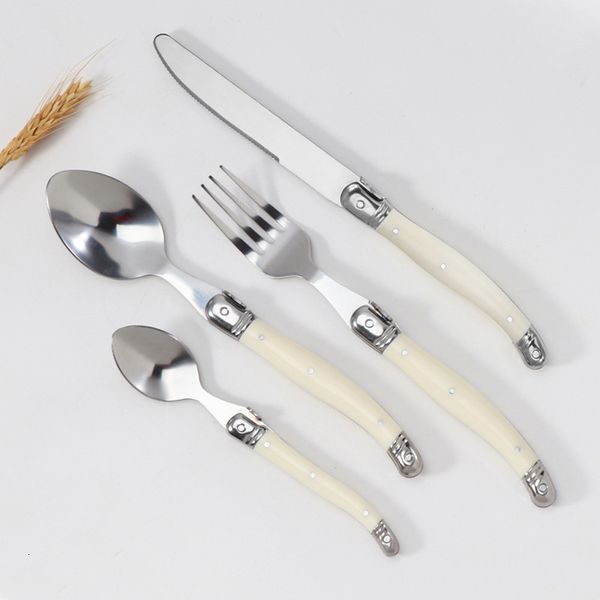 Учетные наборы посуды 4/6/24PCS Laguiole Серебряное серебро ножи Forks Spoons Teaspoon Set из нержавеющей стали из слоновой кости белая пластиковая ручка кухонная столовая 230503