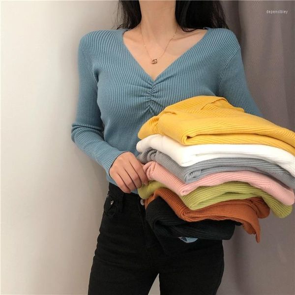 Frauen Pullover 2023 Sexy V-Ausschnitt Frauen Pullover Herbst Strickpullover Pullover Chic Weich Koreanisch Schlank Langarm Weibliche Grundlegende Top-Liste