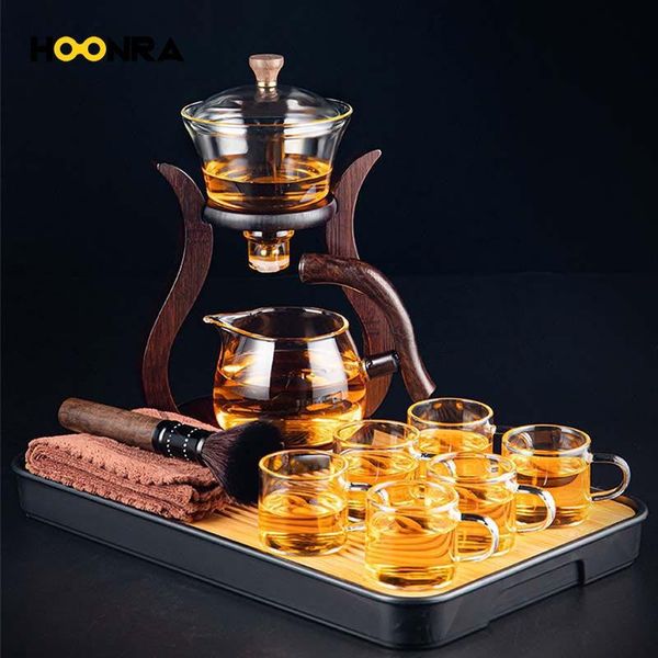 Tea Ware Hoonra Heuchtigkeitssistentes Glass Tee Set Magnetische Wasserumleitung rotierende Deckungsschale Automatische Teehersteller Lazy Kungfu Teekanne trinken