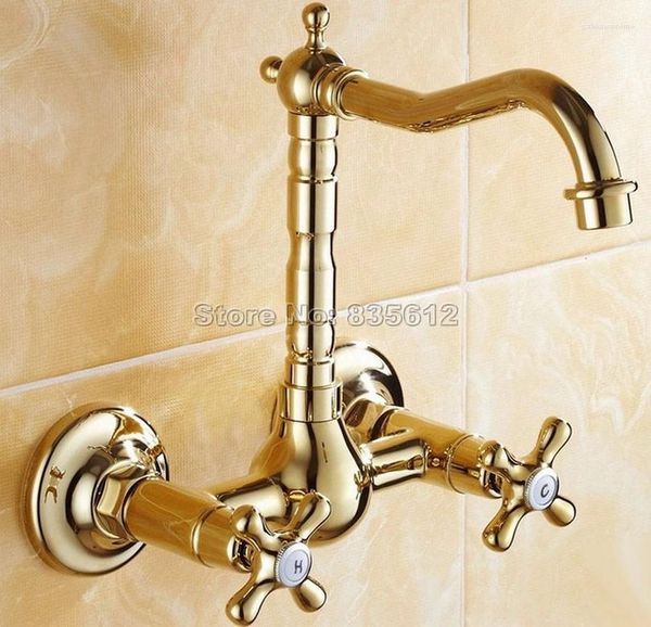 Rubinetti della cucina Ottone color oro Maniglie doppie a croce Miscelatore per lavabo a parete Miscelatore per lavabo con bocca girevole Vaso 2 fori Wsf101