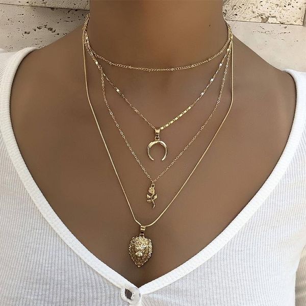 Colares pendentes PCs/set mulheres Conjunto Bohemian Moon Rose Flower Lion Clavicle Chain Colar Gold Fashion Birthday Party Jewelry