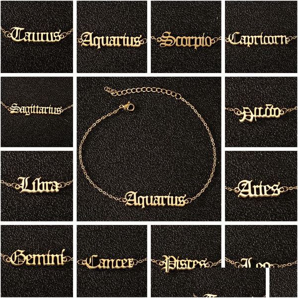 Tornozeleiras signos do zodíaco por atacado CARM PUNK 12 Constelação de letra clássica A tornozelo pulseira de aço inoxidável jóias de aço feminino Drop Drop Deliv Dhapu