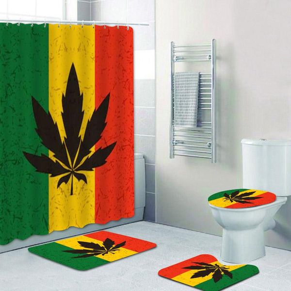 Tende Grunge Giamaica Bandiera Rasta Foglia Tenda da doccia Set Impermeabile Reggae Musica Tenda da bagno Tappetino WC impermeabile Decorazione del bagno