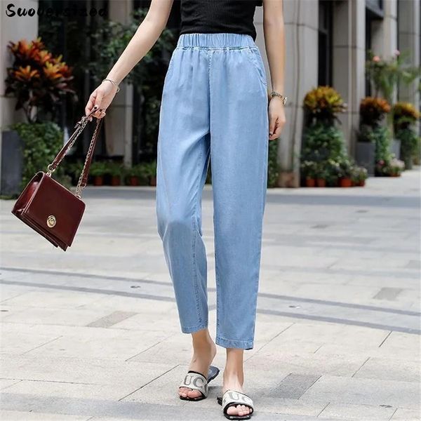 Jeans Summer Blue clássico jeans trenados Mulheres Vaquero Elastic High Pantalones Streetwear Wide Leg Denim Pant casual Capris