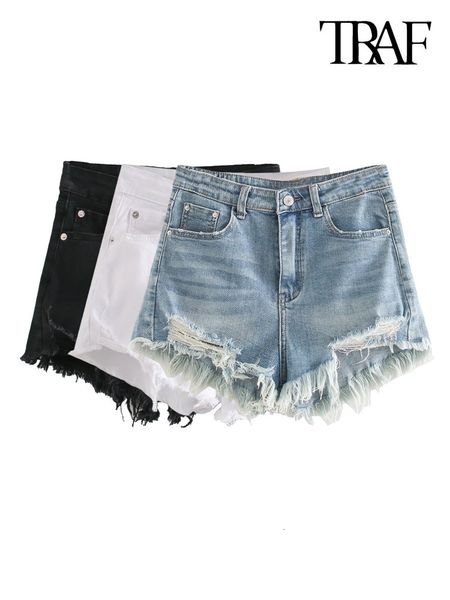 Damen Shorts TRAF Damenmode Fronttaschen Ausgefranste Säume Denim Shorts Vintage Hohe Taille Reißverschluss Weibliche Kurze Hosen Mujer 230503