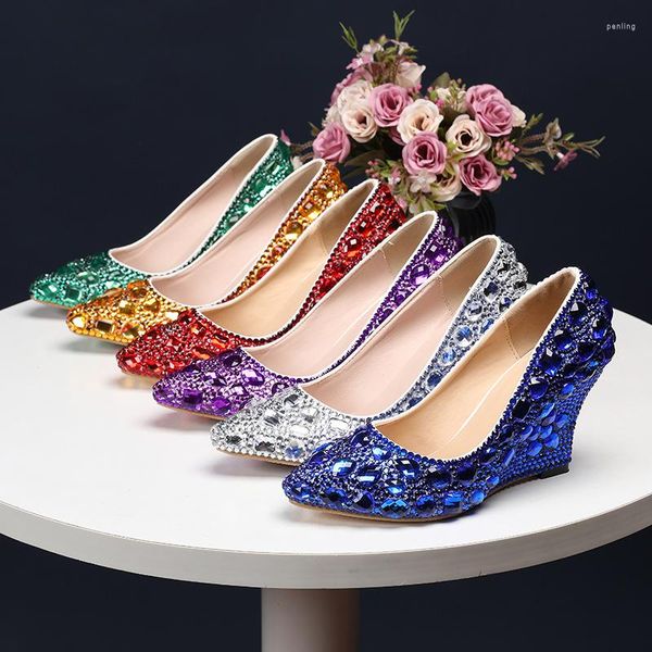 Elegante Schuhe mit Keilabsatz für Damen, bequem, Hochzeitsempfang, spitz, Brautjungfer, Pumps, Königsblau, Grün, Lila