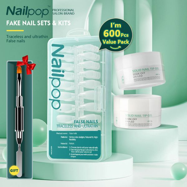 False Nails Nailpop False unhas com conjuntos de cola embalando na caixa Mergulhe o gel de unha sólida uvLed Gel acrílico Fake Nails Kits Manicure Tool 230428