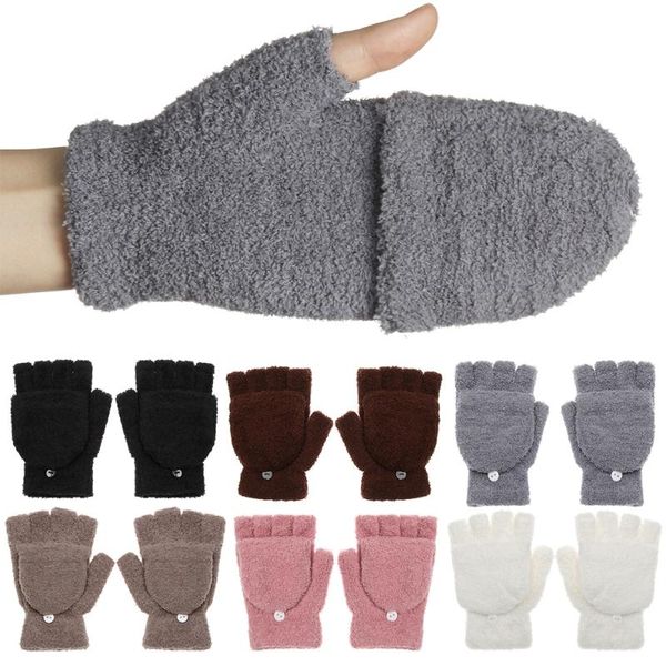 Five Fingers Handschuhe 1 Paar Coral Velvet Dual-Use Clamshell Half Finger Jungen Mädchen Student Kinder verdicken süße weiche elastische warme Fäustlinge