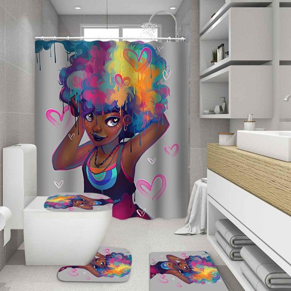 Tende Carino Loli Tende da doccia africane Afro American Lady Donna Capelli colorati Set da bagno Tappeti antiscivolo Coperchio del WC Tappetino