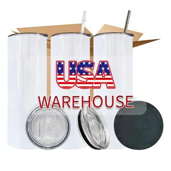 USA CA Warehouse 20oz Blanks White Sublimation Tazze Bottiglia d'acqua Bicchieri Bicchieri in acciaio inossidabile con cannuccia e coperchio in plastica