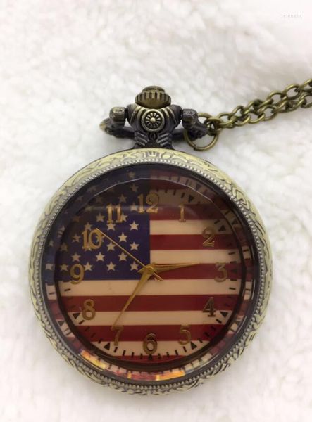 Pocket Watches Wholesale 10 PCs Bronze Fashion Classic USA American Flag Quartz Assista Analog Pingente Chain Chain Mens Womens Gifts