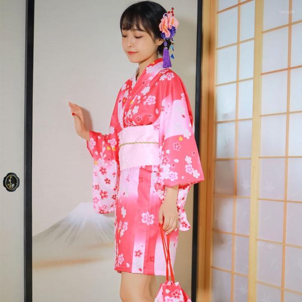 Roupas étnicas japonesas mulheres tradicionais quimono terno de estampa de cosplay traje curto roupão yukata vestido rosa rosa performanc