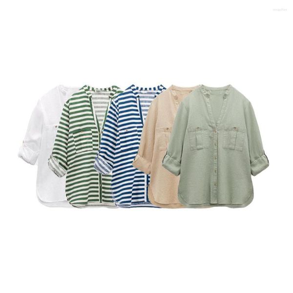 Blusas femininas zach aiisa de alta qualidade de verão feminino vil de pescoço botão casual mangas roll up linen blend camisa texturizada