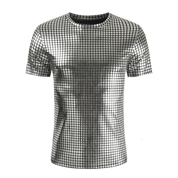 Men s T Circhas Moda Plaid revestida com camiseta metálica Marca de manga curta esbelta T CHAMISTAS DJ NOITCLUB STAPA CANTAGEM PROM FASMO HOMME 230503