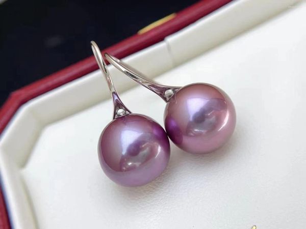 Brincos de Moda de Moda 925 Mulheres de Prata Sterling 12-13mm Redondo de Água Doce Naturais Edison Purple Pearl Drop Jóias de luxo