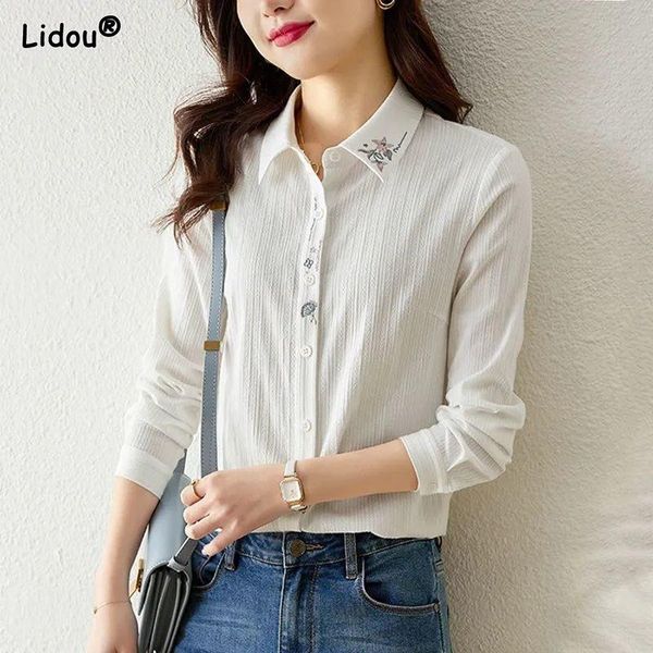 Camicie Camicia da donna floreale con ricamo floreale in nylon con colletto rovesciato sottile Primavera Estate Office Lady monopetto sottile abbigliamento da donna