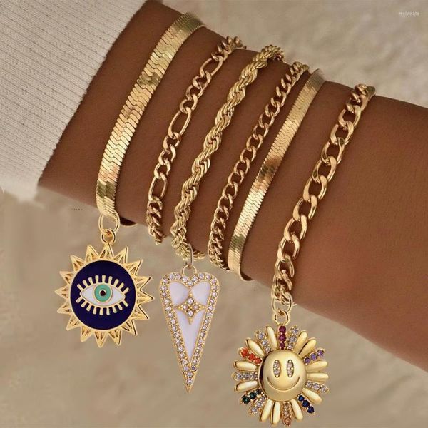 Bettelarmbänder Nettes Herz Sonne Blume Böses Blaues Auge Charms Armband Für Frauen Edelstahl Kette Kupfer CZ Gold Farbe Dangle Wrist Bangle