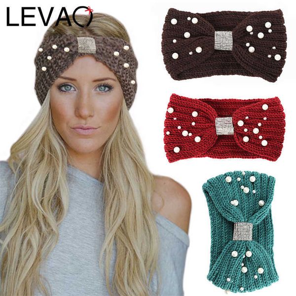 Bandas da cabeça Levrao Modelos de outono e inverno Modelos de pérolas de malha de pérola shinestone lã atada turbante quente feminino bandas de cabelo acessórios de cabelo j230502