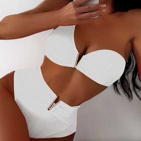 Kadın Mayo İki Parçalı Yüksek Bel Moda Tatil Bikinis Seksi Bir Omuz V Boyun Mayo Takım Yaz Çukur Şeritler Arka Push Yukarı plaj kıyafeti P230426