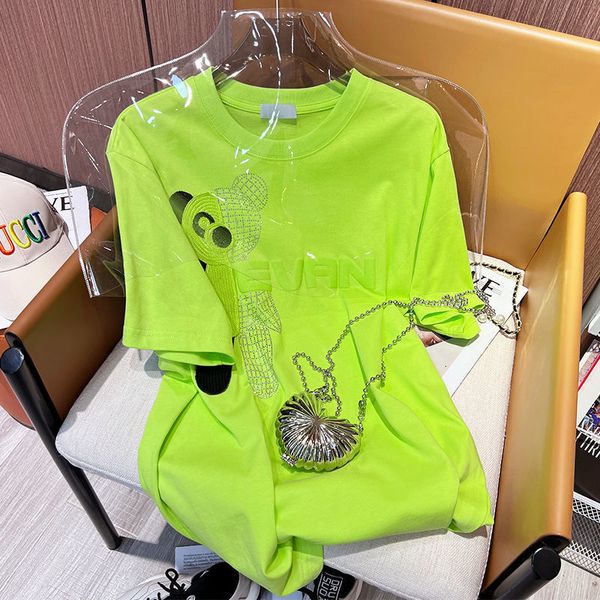 T-shirt da donna in cotone verde fluorescente T-shirt da orso di cartone animato a maniche corte Design da donna Sense Loose Chic a mezza manica Y2k Top Diamonds Camicie 230503